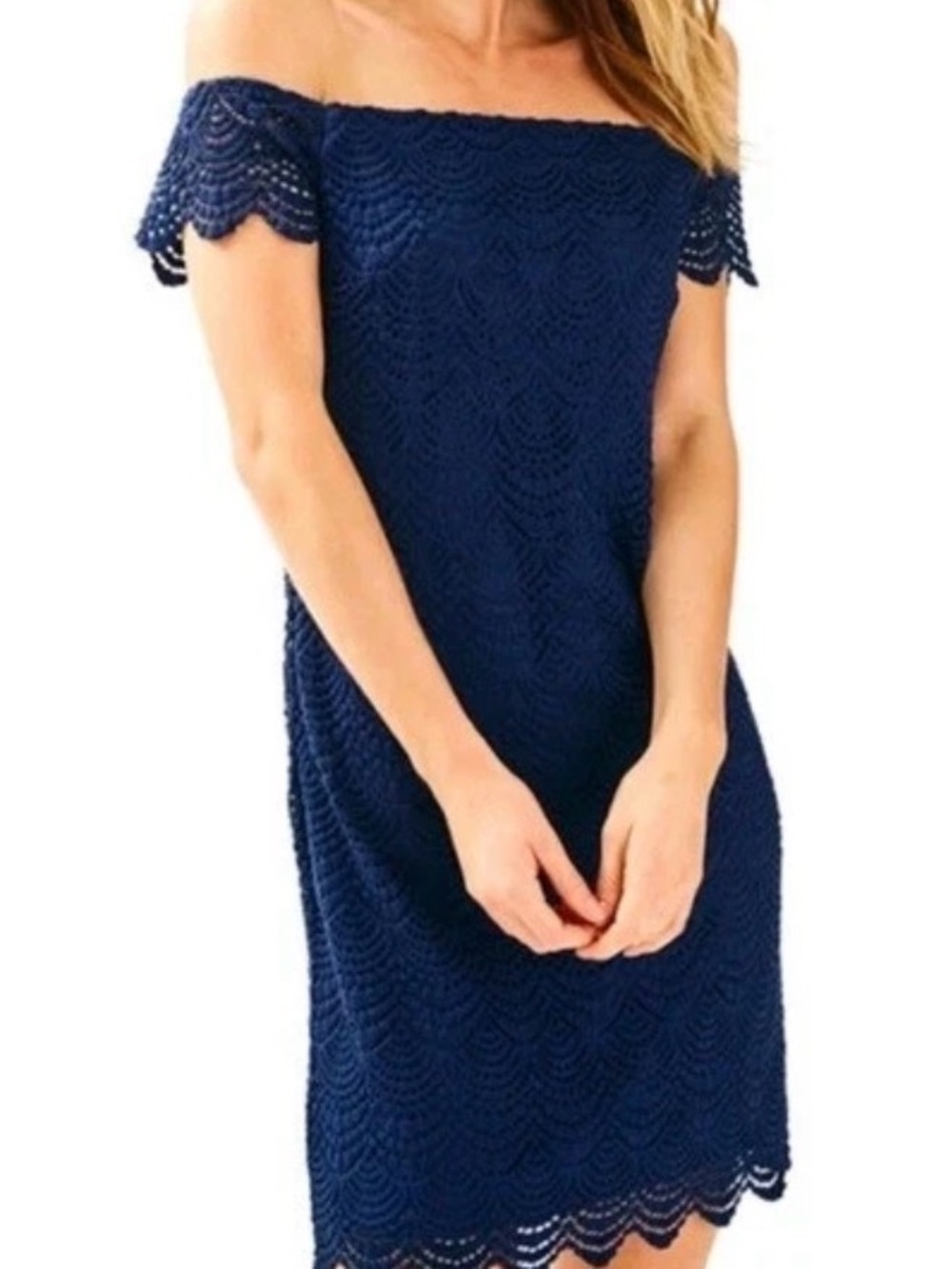 Lilly Pulitzer JADE True Navy Scalloped Shell Lace SHIFT DRESS L